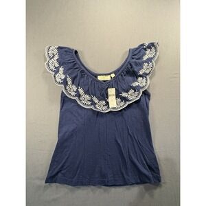 Anthropologie NWT Moulinette Soeurs Ruffed Blouse Women's XS Navy Embroidered